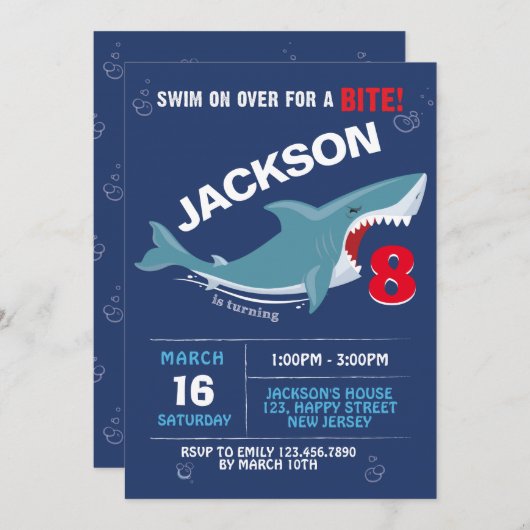 Uitnodiging voor Shark Birthday. Bite party (Voorkant / Achterkant)