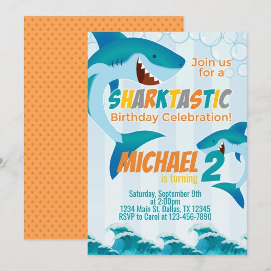 Uitnodiging voor Shark Birthday Party (Voorkant / Achterkant)