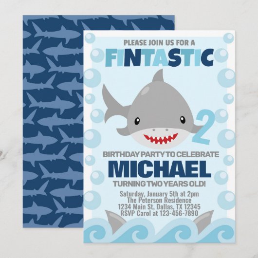 Uitnodiging voor Shark Birthday Party (Voorkant / Achterkant)