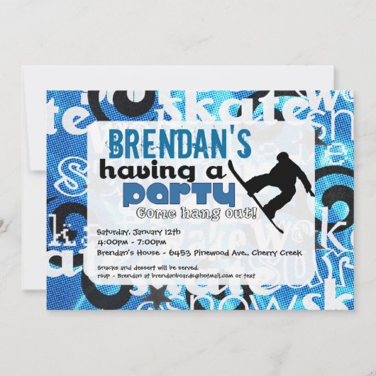 Uitnodiging voor Snowboard Party (Voorkant)