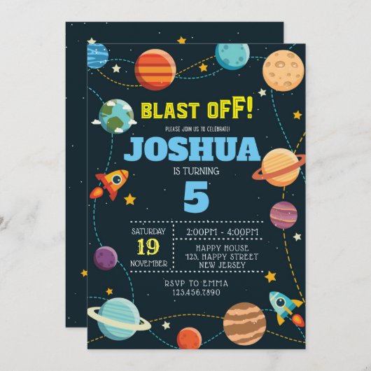 Uitnodiging voor 'Space Birthday'. Uitnodiging bui (Voorkant / Achterkant)