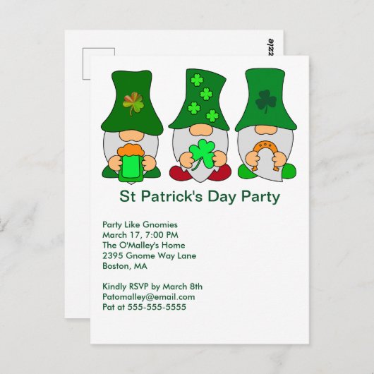 Uitnodiging voor St Patricks Day Party Gnomen (Voorkant / Achterkant)