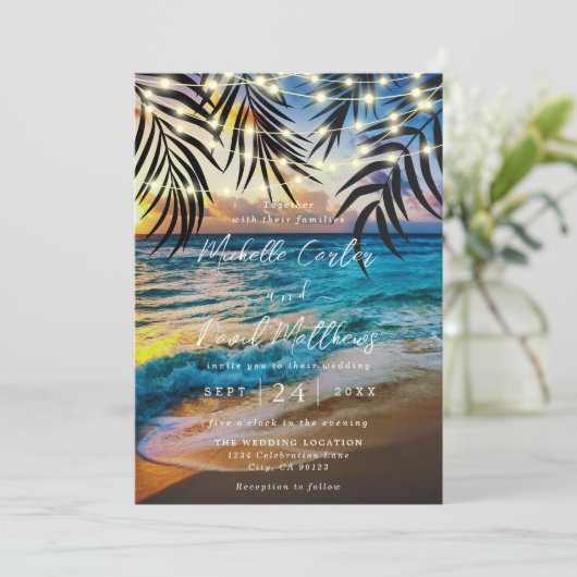 Uitnodiging voor strandbruiloft op Sunset String L (Staand voorkant)