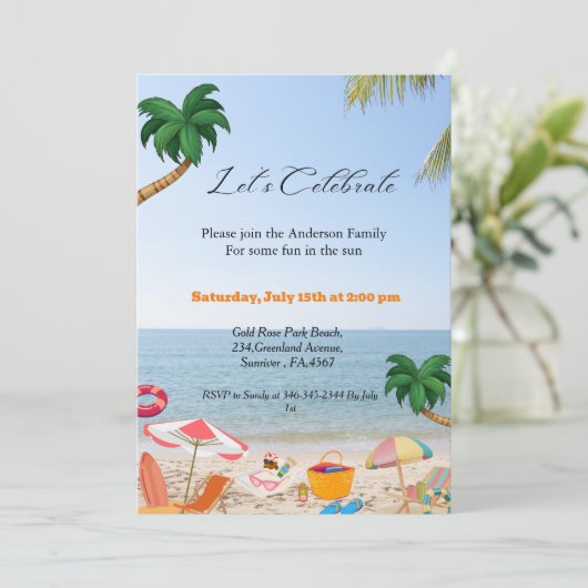 Uitnodiging voor strandfeest, gezinsstrandfeest in (Staand voorkant)