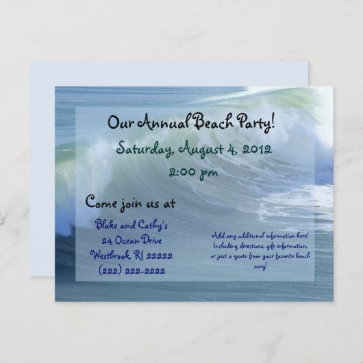Uitnodiging voor strandfeest met surfgolven (Voorkant / Achterkant)