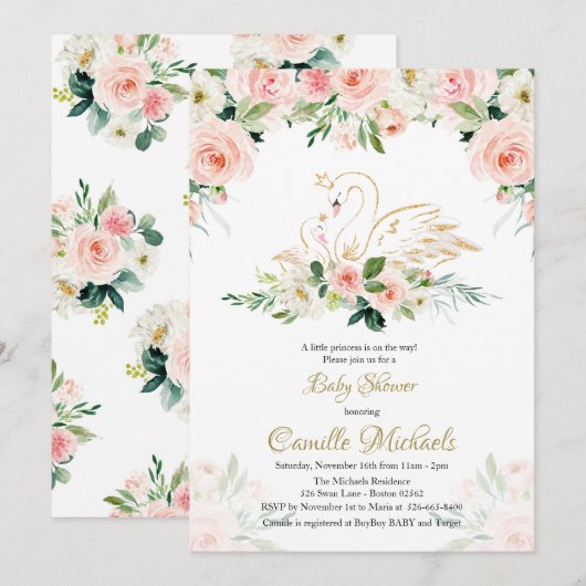 Uitnodiging voor Swan-Baby shower (Voorkant / Achterkant)
