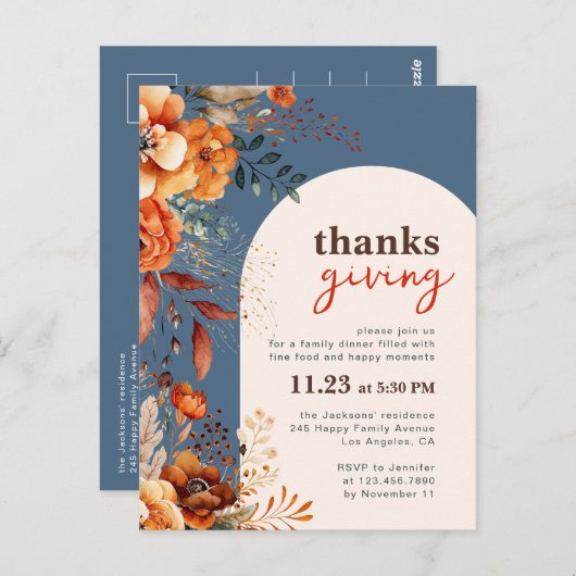 Uitnodiging voor Thanksgiving diner bloem witte bo (Voorkant / Achterkant)