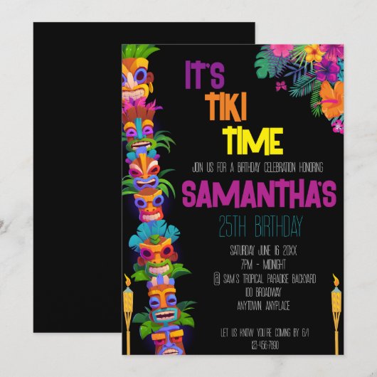 Uitnodiging voor Tiki Time Birthday Party (Voorkant / Achterkant)