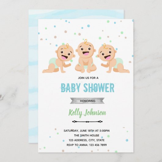 Uitnodiging voor triplet babyfeest (Voorkant / Achterkant)