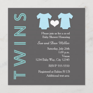 Uitnodiging voor twin baby shower feest met blauwe