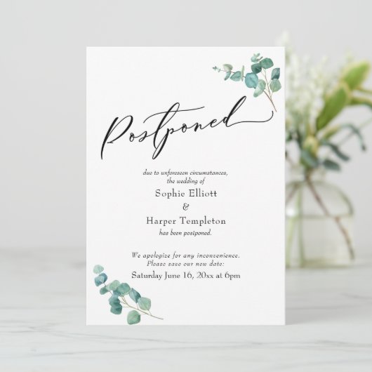 Uitnodiging voor uitgestelde bruiloft met elegante (Staand voorkant)