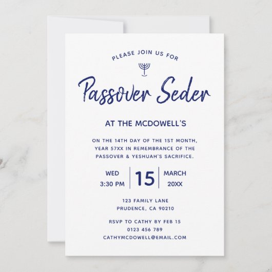 Uitnodiging voor unieke Paas Seder in blauw en gou (Voorkant)