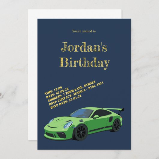 Uitnodiging voor verjaardag groene sportwagen (Voorkant / Achterkant)