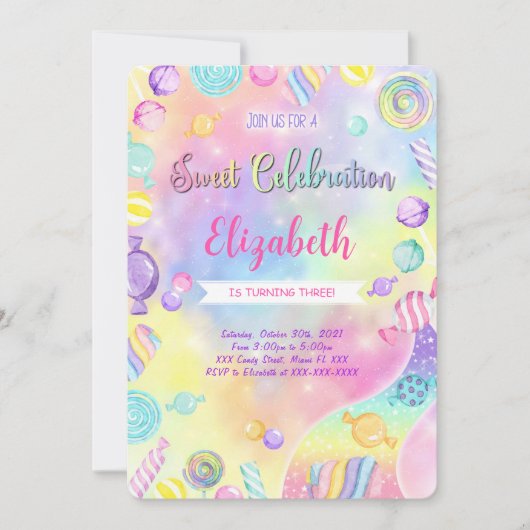 Uitnodiging voor verjaardag met eetbare snoepjes (Voorkant)