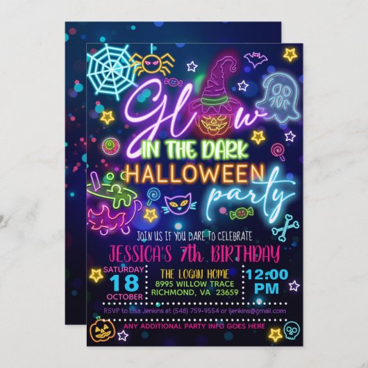 Uitnodiging voor verjaardag met Halloween Glow in  (Voorkant / Achterkant)