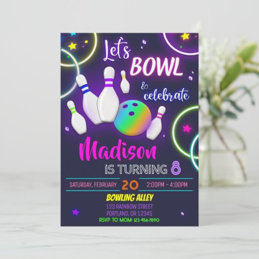 Uitnodiging voor verjaardag van Bowling Neon Glow (Staand voorkant)