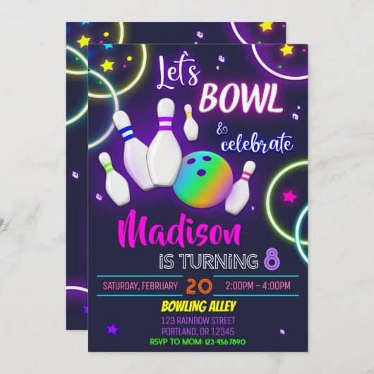 Uitnodiging voor verjaardag van Bowling Neon Glow (Voorkant / Achterkant)