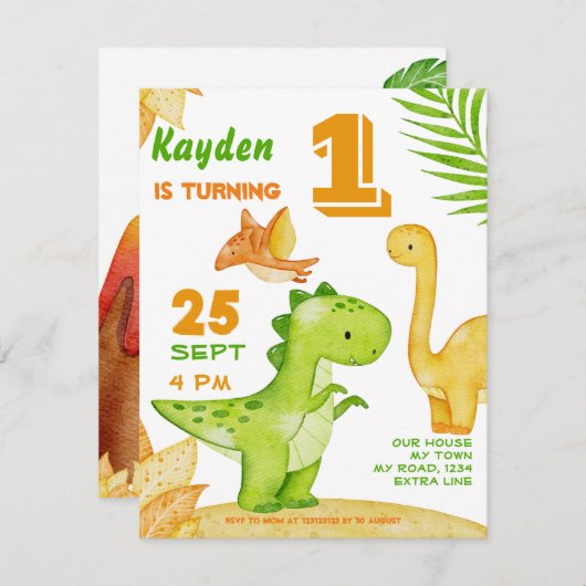 Uitnodiging voor verjaardag van Dinosaur (Voorkant / Achterkant)