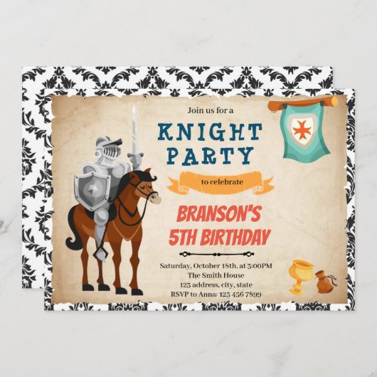Uitnodiging voor verjaardag van het thema Knight p (Voorkant / Achterkant)