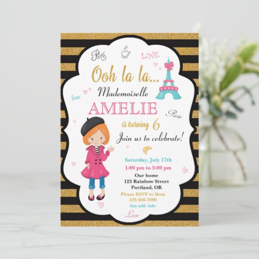 Uitnodiging voor verjaardag van Parijs Meisje Eiff (Staand voorkant)