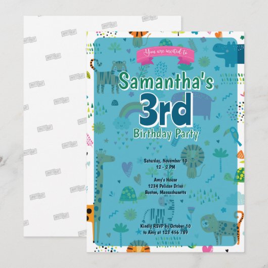 Uitnodiging voor verjaardagen met een dierthema (Voorkant / Achterkant)