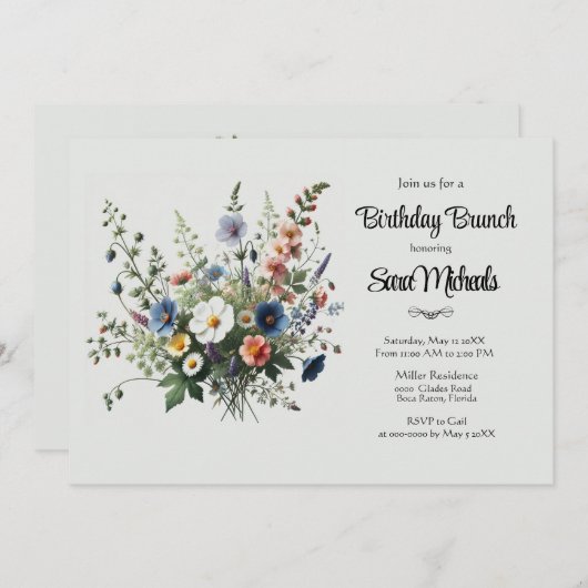 Uitnodiging voor verjaardagsbrunch met bosbloemenb (Voorkant / Achterkant)