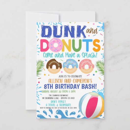 Uitnodiging voor verjaardagsfeest Dunk and Donuts (Voorkant)