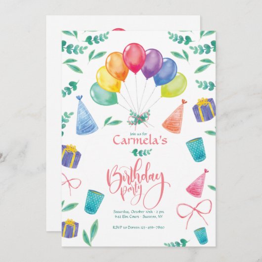 Uitnodiging voor verjaardagsfeest met ballonnen (Voorkant / Achterkant)