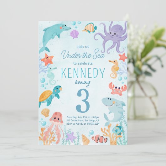 Uitnodiging voor verjaardagsfeest onder de zee Die (Staand voorkant)