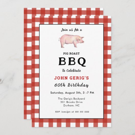 Uitnodiging voor verjaardagsfeestje BBQ Pig Roast (Voorkant / Achterkant)