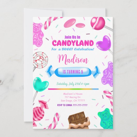Uitnodiging voor verjaardagsfeestje in Candy land  (Voorkant)