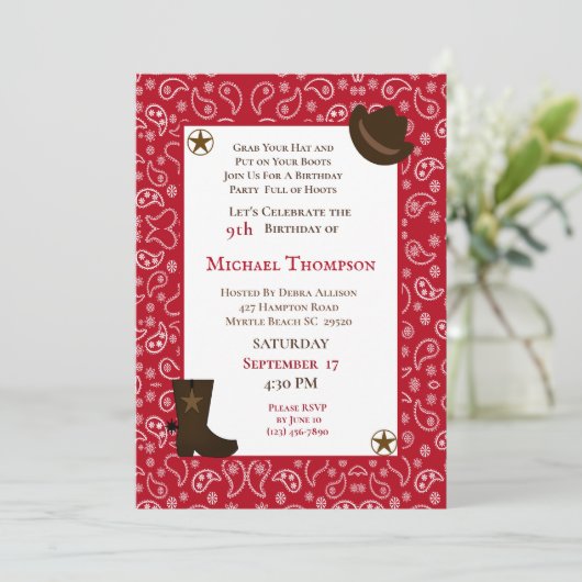 Uitnodiging voor verjaardagsfeestje in western sti (Staand voorkant)