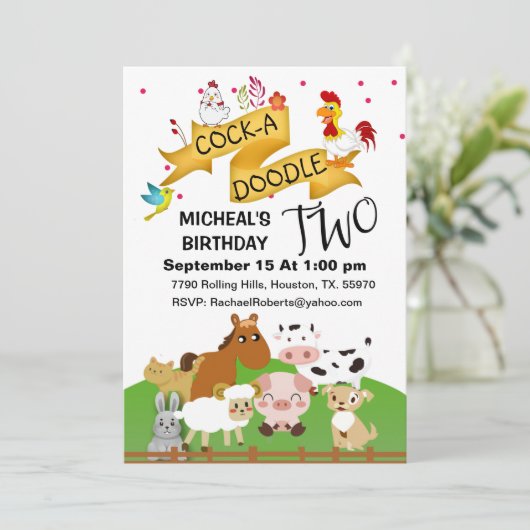 Uitnodiging voor verjaardagsfeestje 'Kukeleku Twee (Staand voorkant)