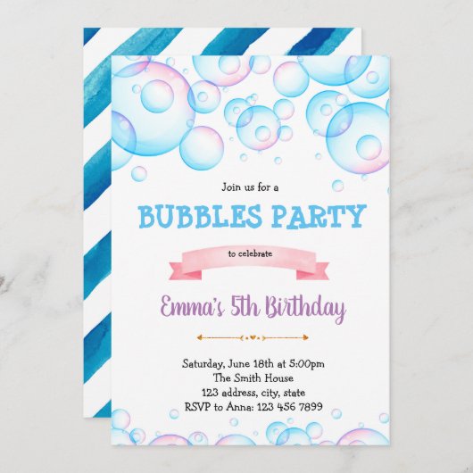 Uitnodiging voor verjaardagsfeestje met leuke bubb (Voorkant / Achterkant)