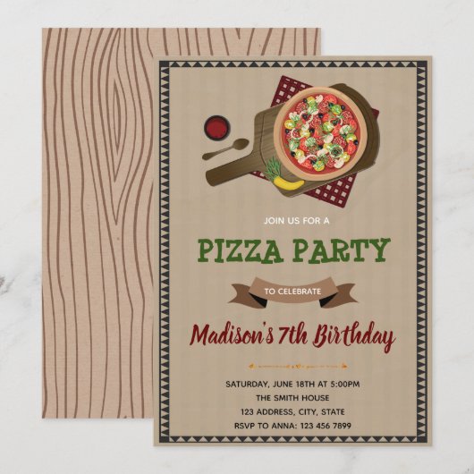 Uitnodiging voor verjaardagsfeestje met pizza (Voorkant / Achterkant)