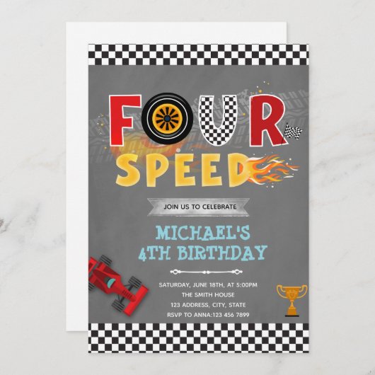 Uitnodiging voor verjaardagsfeestje met VIER versn (Voorkant / Achterkant)