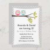 Uitnodiging voor verjaardagsfeestje tweeling uilen (Voorkant / Achterkant)