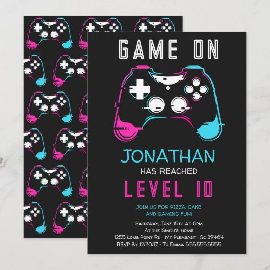 Uitnodiging voor verjaardagsfeestje van gamer Vide (Voorkant / Achterkant)