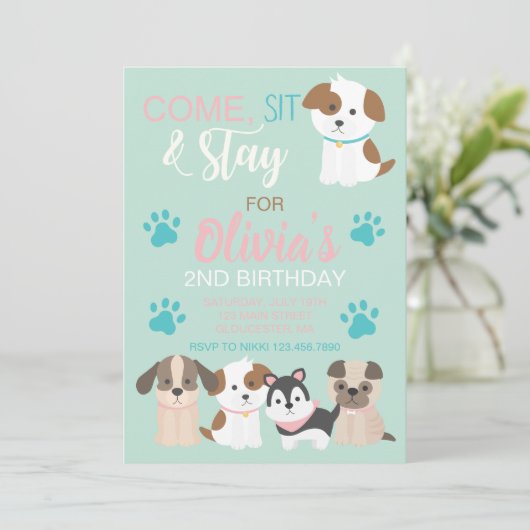 Uitnodiging voor verjaardagsfeestje van puppy (Staand voorkant)