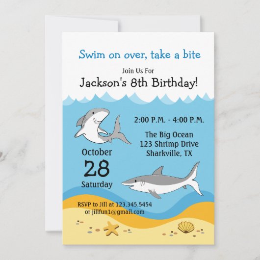 Uitnodiging voor verjaardagsfeestje voor haaien (Voorkant)
