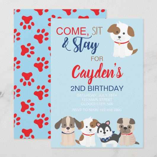 Uitnodiging voor verjaardagsfeestje voor puppy Bla (Voorkant / Achterkant)