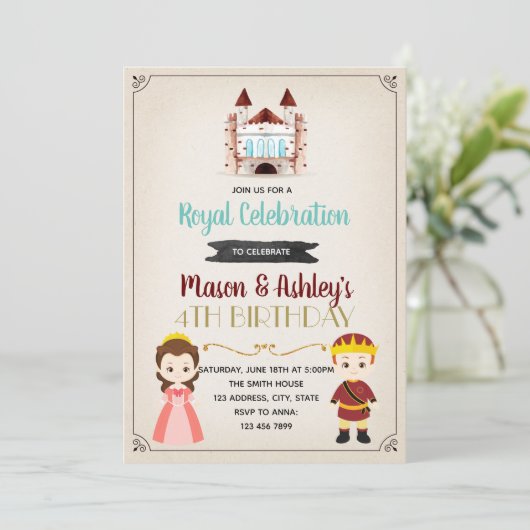 Uitnodiging voor verjaardagsfeestjes van prins en (Staand voorkant)