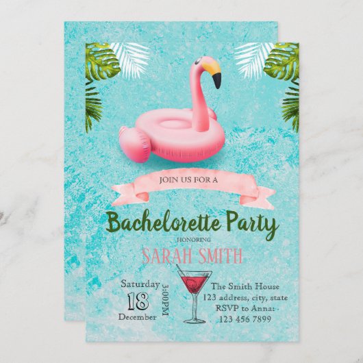 Uitnodiging voor vrijgezellenfeest met flamingo vl (Voorkant / Achterkant)