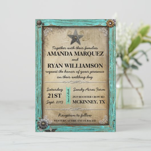 Uitnodiging voor Westerne bruiloft in Rustic Land (Staand voorkant)