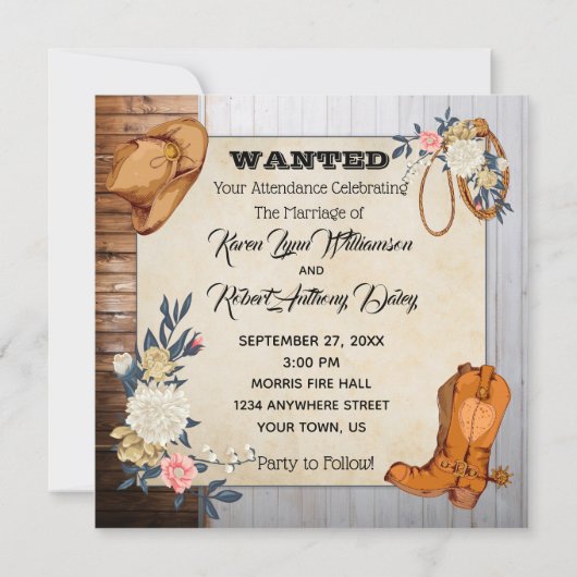 Uitnodiging voor Westerne bruiloft in Rustic Land (Achterkant)