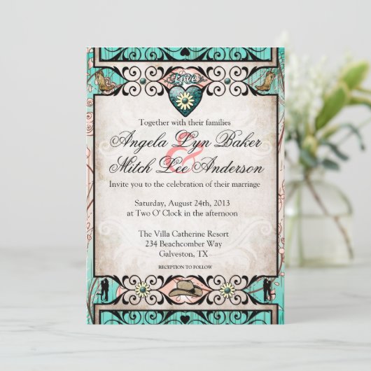 Uitnodiging voor Westerne bruiloft in Rustic Land (Staand voorkant)