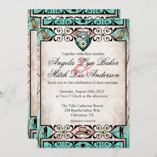 Uitnodiging voor Westerne bruiloft in Rustic Land (Voorkant / Achterkant)