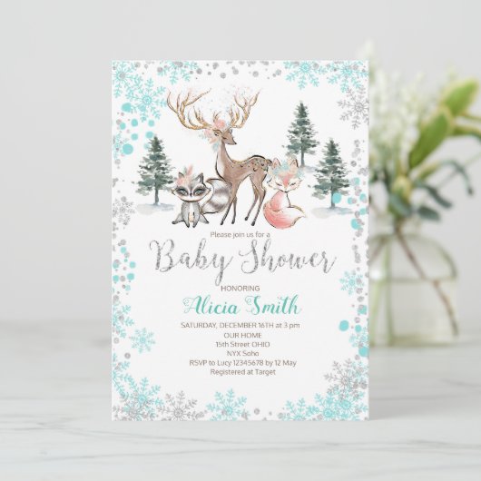 Uitnodiging voor Winter Bos Baby Meisje Shower (Staand voorkant)