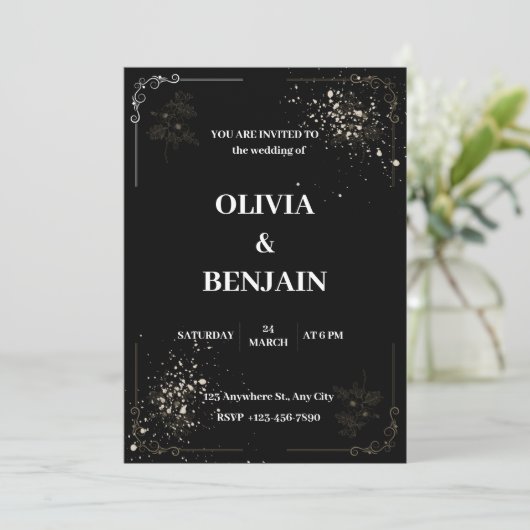 Uitnodiging voor witte en zwarte bruiloft (Staand voorkant)