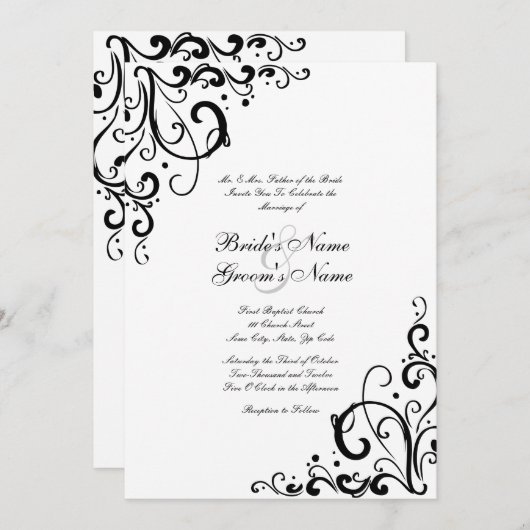 Uitnodiging voor witte en zwarte bruiloft (Voorkant / Achterkant)